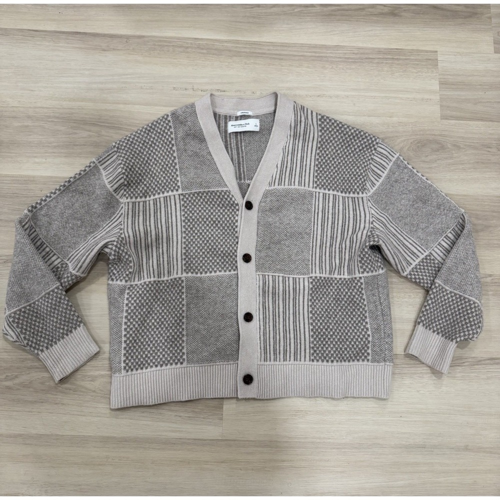Abercrombie & Fitch Soft Af Sweater Patchwork Knit Cardigan Men's Size L Taupe